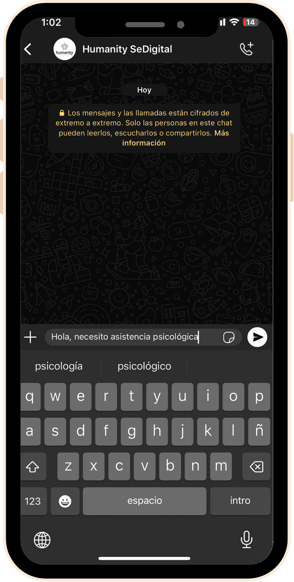 Vista previa del chat de apoyo psicológico